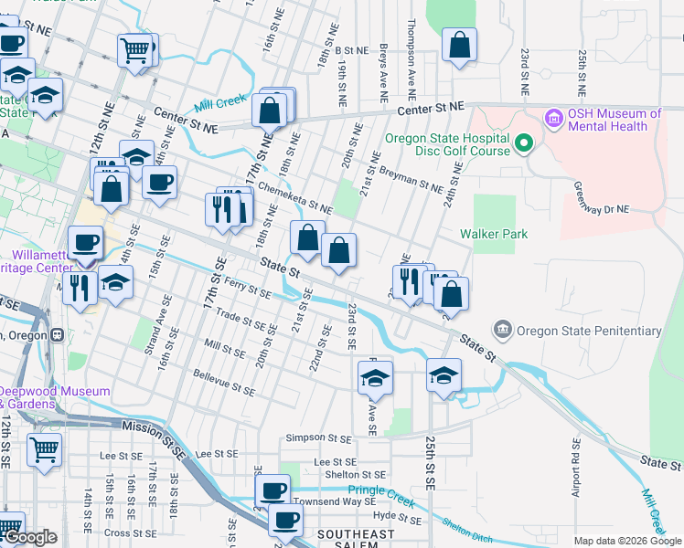map of restaurants, bars, coffee shops, grocery stores, and more near 140 21st Street Northeast in Salem