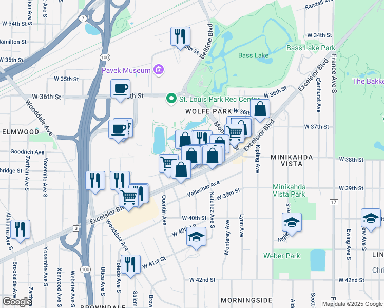 map of restaurants, bars, coffee shops, grocery stores, and more near 3700 Grand Way in Saint Louis Park