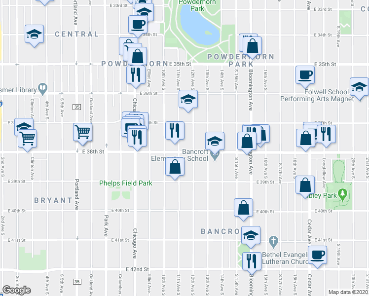 map of restaurants, bars, coffee shops, grocery stores, and more near 1106 East 38th Street in Minneapolis