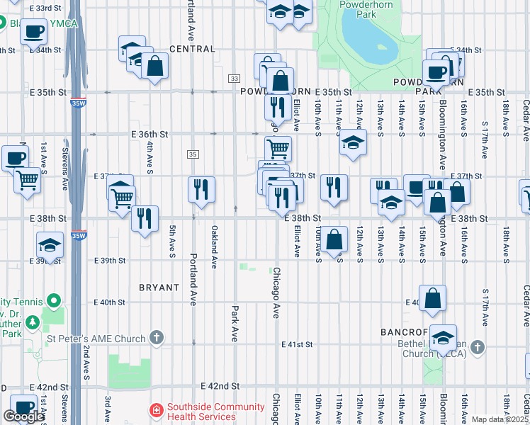 map of restaurants, bars, coffee shops, grocery stores, and more near 732 East 38th Street in Minneapolis