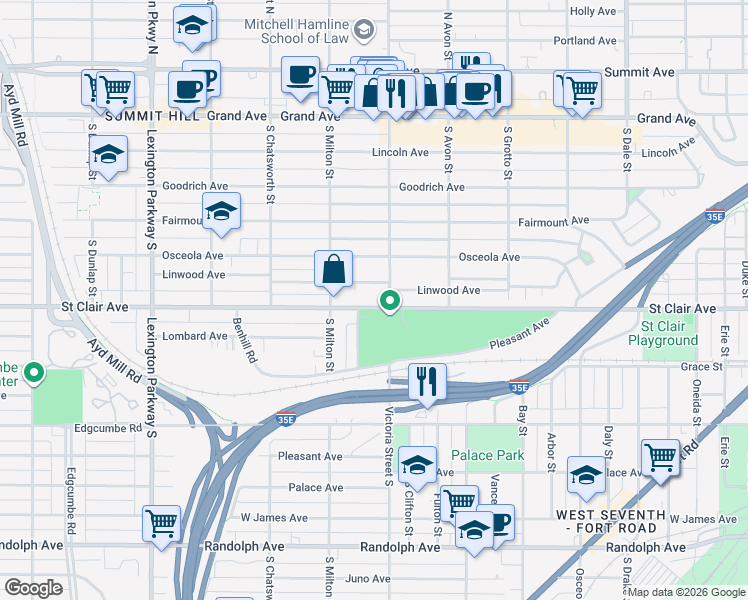 map of restaurants, bars, coffee shops, grocery stores, and more near in Saint Paul