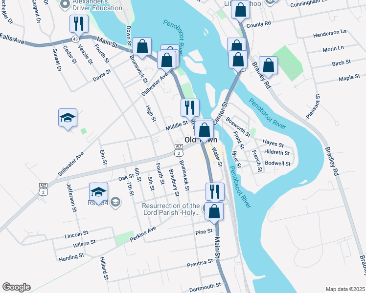 map of restaurants, bars, coffee shops, grocery stores, and more near 225 Center Street in Old Town