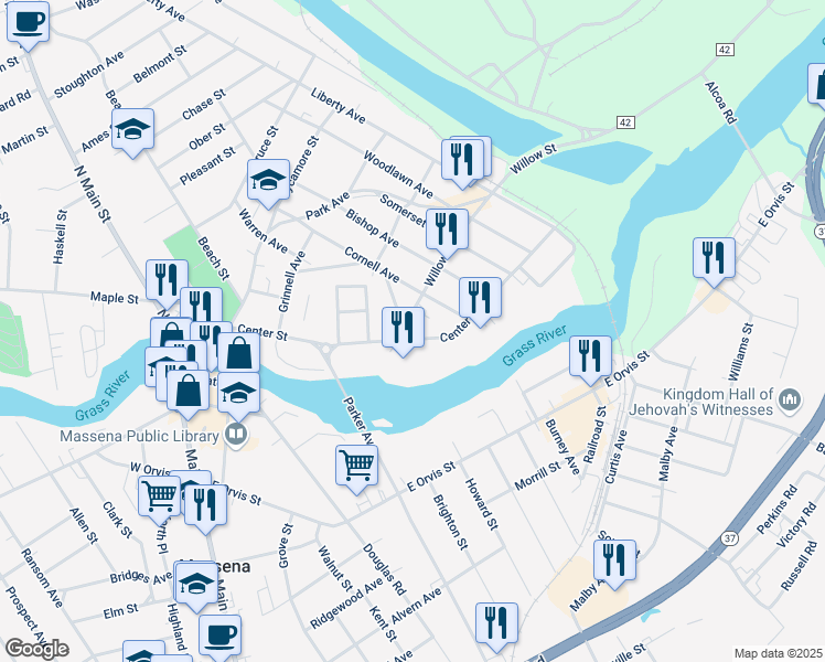 map of restaurants, bars, coffee shops, grocery stores, and more near 175-181 Center St in Massena