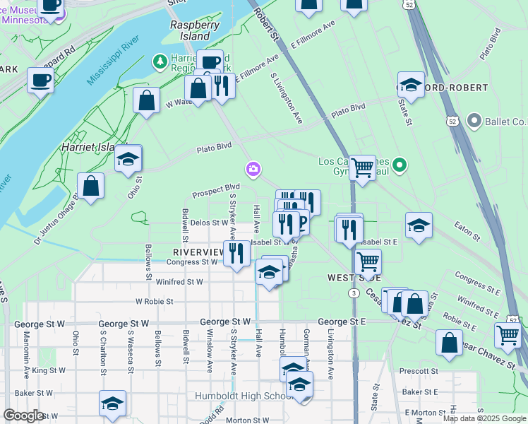 map of restaurants, bars, coffee shops, grocery stores, and more near 395 Hall Avenue in Saint Paul