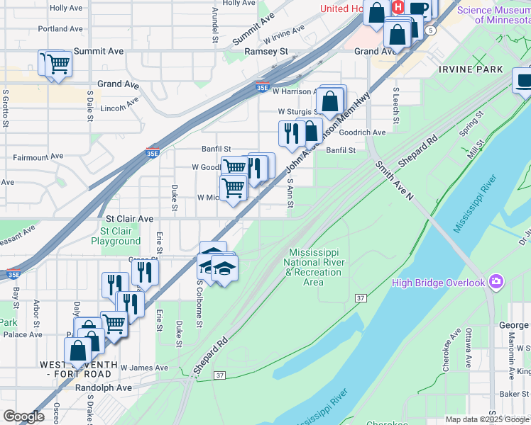 map of restaurants, bars, coffee shops, grocery stores, and more near 372 Saint Clair Avenue in Saint Paul