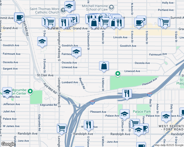 map of restaurants, bars, coffee shops, grocery stores, and more near 966 Saint Clair Avenue in Saint Paul