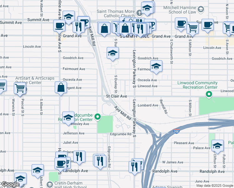 map of restaurants, bars, coffee shops, grocery stores, and more near 1142 Saint Clair Avenue in Saint Paul