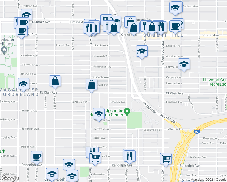 map of restaurants, bars, coffee shops, grocery stores, and more near 1248 Saint Clair Avenue in Saint Paul