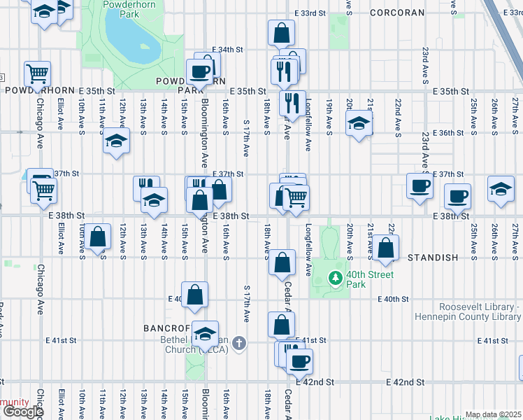 map of restaurants, bars, coffee shops, grocery stores, and more near 3800 18th Avenue South in Minneapolis