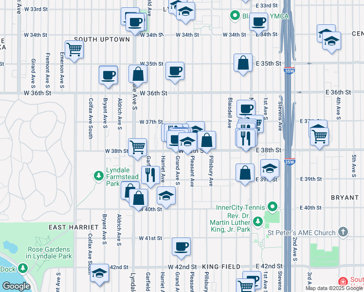 map of restaurants, bars, coffee shops, grocery stores, and more near in Minneapolis