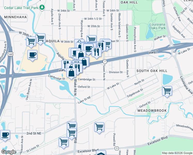 map of restaurants, bars, coffee shops, grocery stores, and more near 1414 Cambridge Street in Hopkins