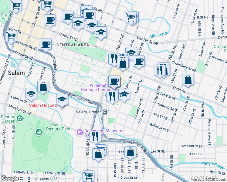 map of restaurants, bars, coffee shops, grocery stores, and more near 1313 Mill Street Southeast in Salem
