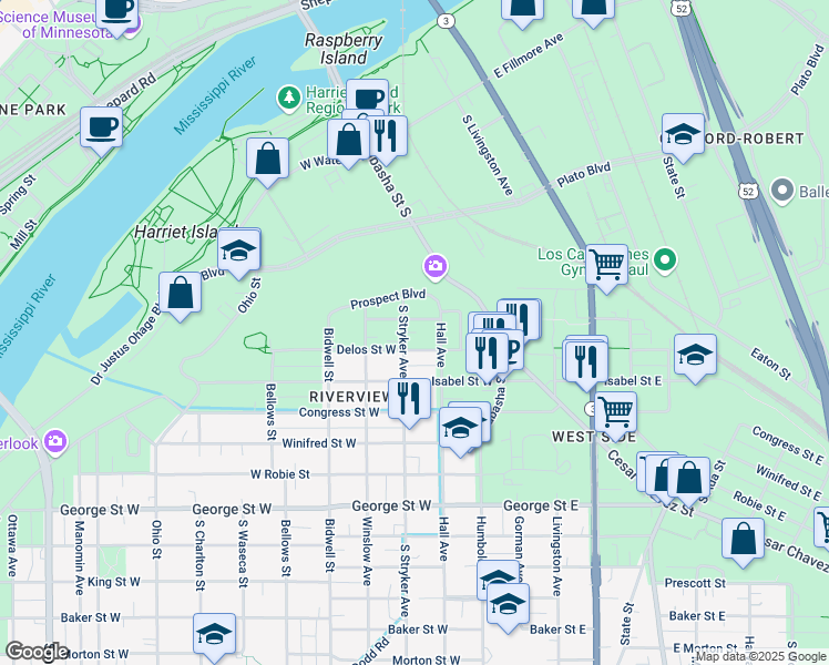 map of restaurants, bars, coffee shops, grocery stores, and more near 395 Hall Avenue in Saint Paul