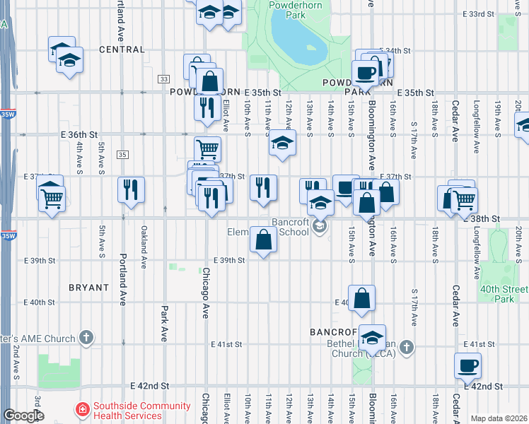 map of restaurants, bars, coffee shops, grocery stores, and more near 3801 10th Avenue South in Minneapolis