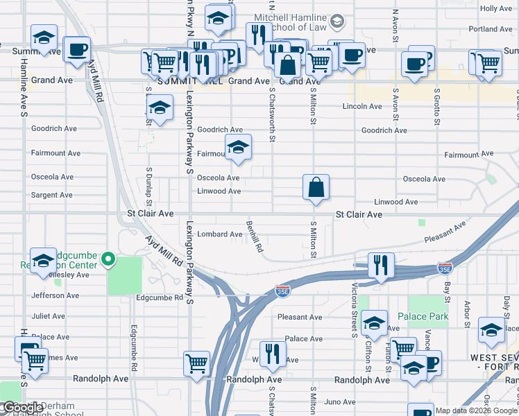 map of restaurants, bars, coffee shops, grocery stores, and more near 4 Benhill Road in Saint Paul