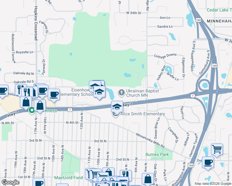 map of restaurants, bars, coffee shops, grocery stores, and more near 717 Minnesota 7 in Hopkins