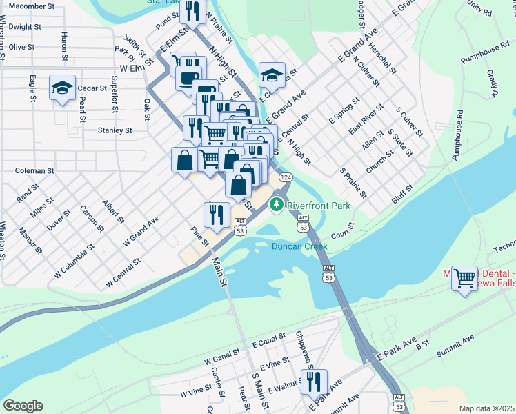 map of restaurants, bars, coffee shops, grocery stores, and more near 36 West River Street in Chippewa Falls