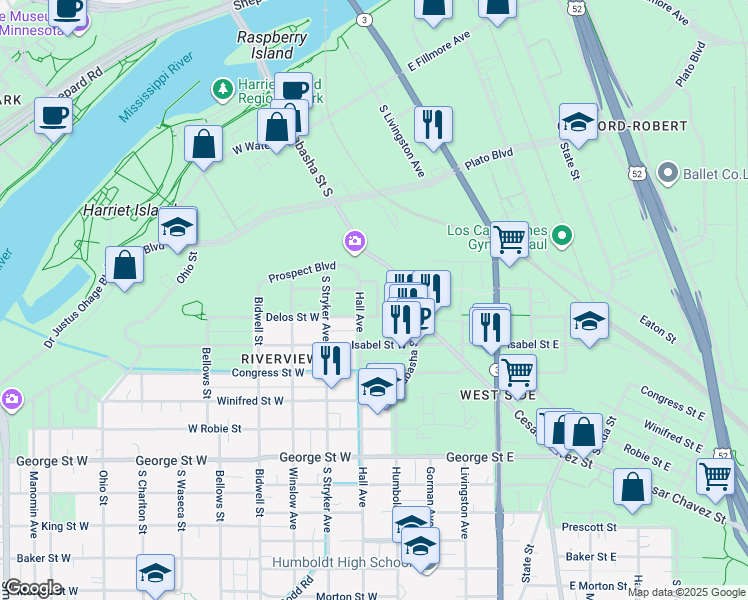 map of restaurants, bars, coffee shops, grocery stores, and more near 411 Wabasha Street South in Saint Paul