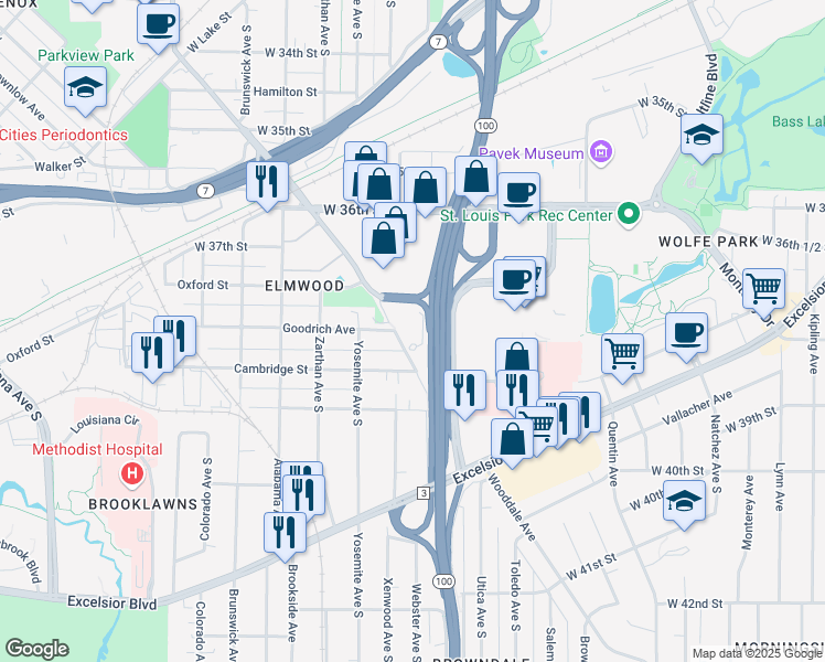 map of restaurants, bars, coffee shops, grocery stores, and more near 3801 Wooddale Avenue South in Minneapolis
