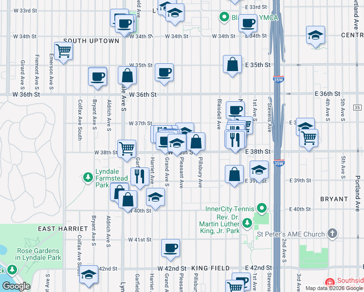 map of restaurants, bars, coffee shops, grocery stores, and more near 3755 Pleasant Avenue in Minneapolis