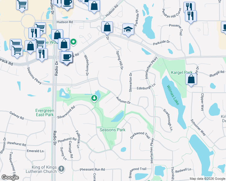 map of restaurants, bars, coffee shops, grocery stores, and more near 1022 Spring Hill Drive in Woodbury