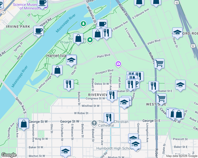 map of restaurants, bars, coffee shops, grocery stores, and more near 395 Winslow Avenue in Saint Paul