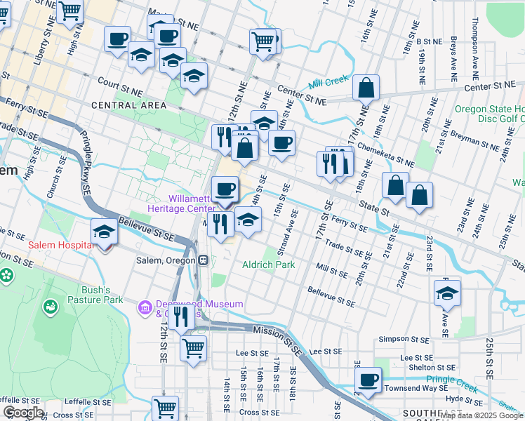 map of restaurants, bars, coffee shops, grocery stores, and more near 310 15th Street Southeast in Salem
