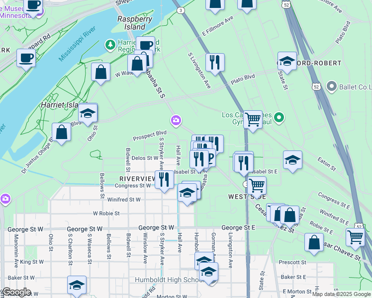 map of restaurants, bars, coffee shops, grocery stores, and more near 411 Wabasha Street South in Saint Paul