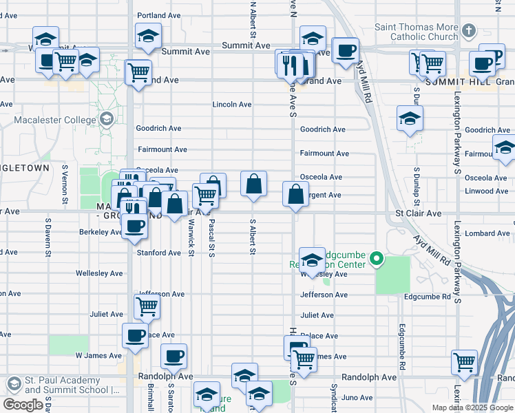 map of restaurants, bars, coffee shops, grocery stores, and more near 1390 Saint Clair Avenue in Saint Paul