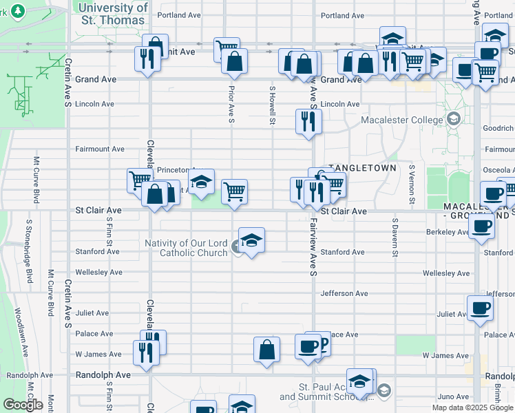 map of restaurants, bars, coffee shops, grocery stores, and more near 1880 Saint Clair Avenue in Saint Paul