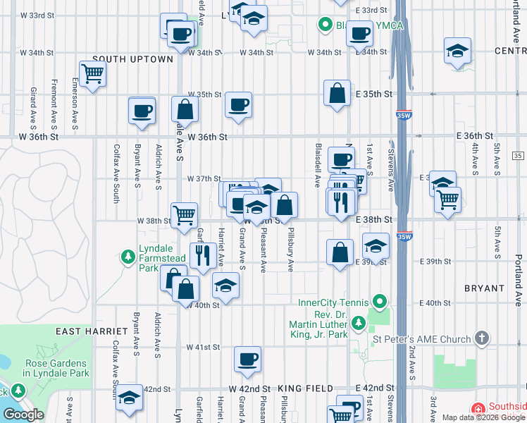 map of restaurants, bars, coffee shops, grocery stores, and more near 3801 Grand Avenue South in Minneapolis