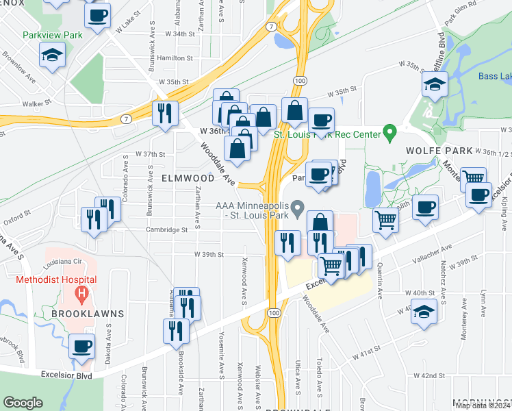 map of restaurants, bars, coffee shops, grocery stores, and more near 3801 Wooddale Avenue South in Minneapolis