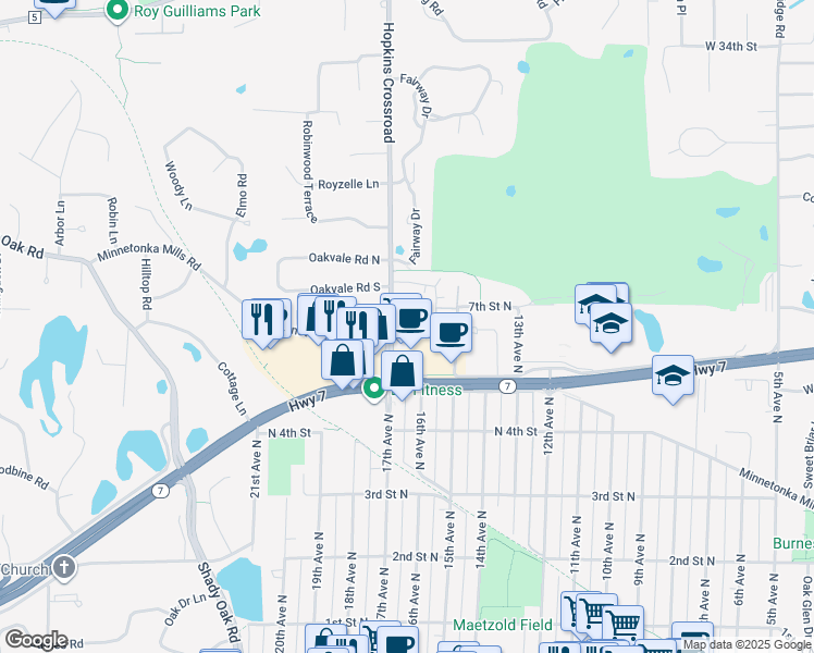 map of restaurants, bars, coffee shops, grocery stores, and more near 1585 Minnesota 7 in Hopkins