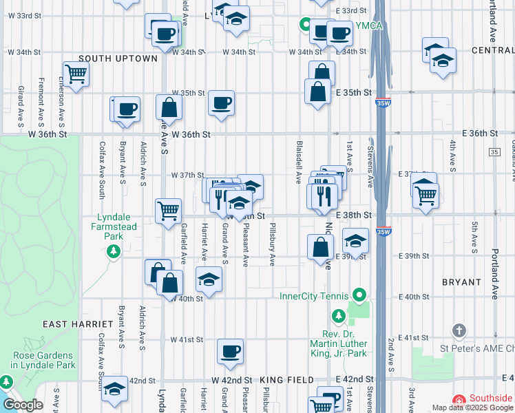 map of restaurants, bars, coffee shops, grocery stores, and more near 3755 Pleasant Avenue in Minneapolis