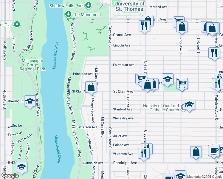 map of restaurants, bars, coffee shops, grocery stores, and more near 2170 Saint Clair Avenue in Saint Paul