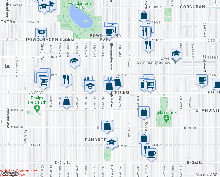 map of restaurants, bars, coffee shops, grocery stores, and more near 3736 Bloomington Avenue in Minneapolis