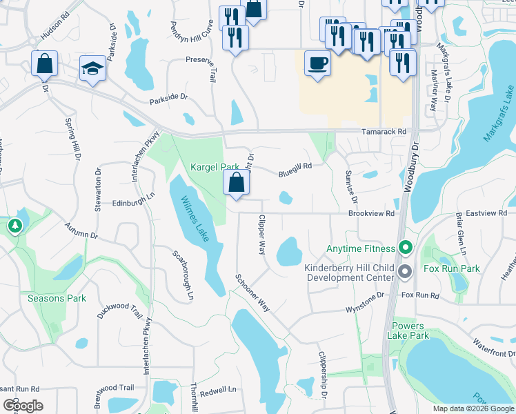 map of restaurants, bars, coffee shops, grocery stores, and more near 1021 Clipper Way in Woodbury