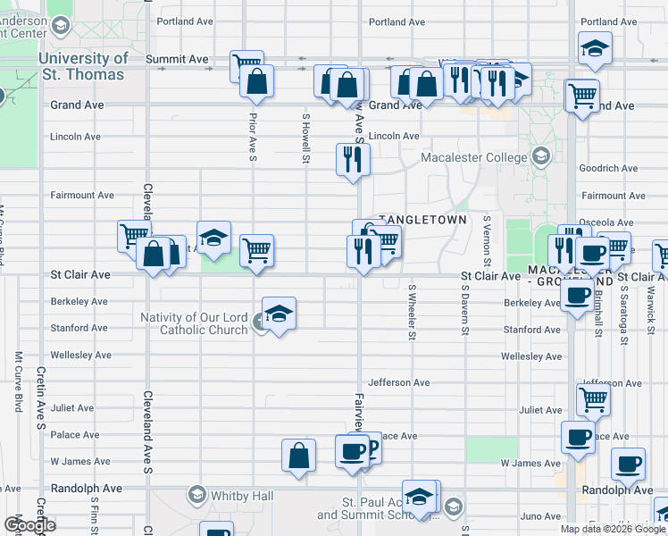 map of restaurants, bars, coffee shops, grocery stores, and more near 1854 Saint Clair Avenue in Saint Paul