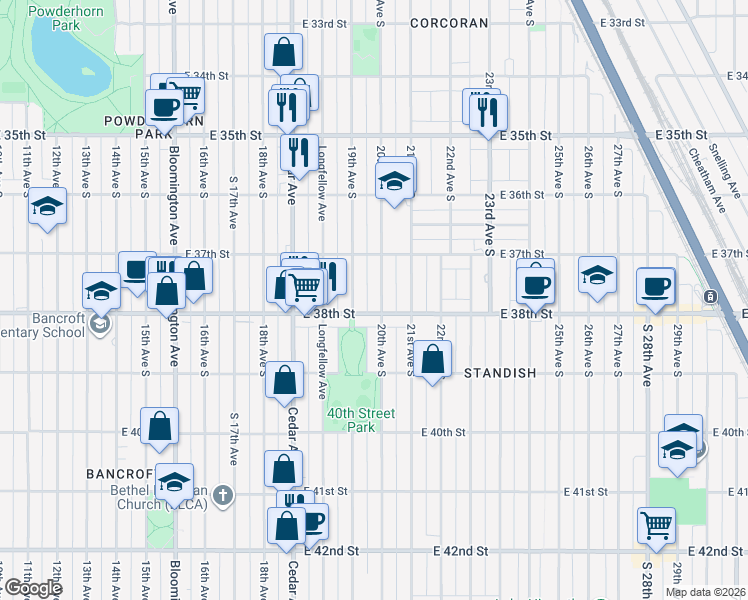 map of restaurants, bars, coffee shops, grocery stores, and more near 1903 East 38th Street in Minneapolis