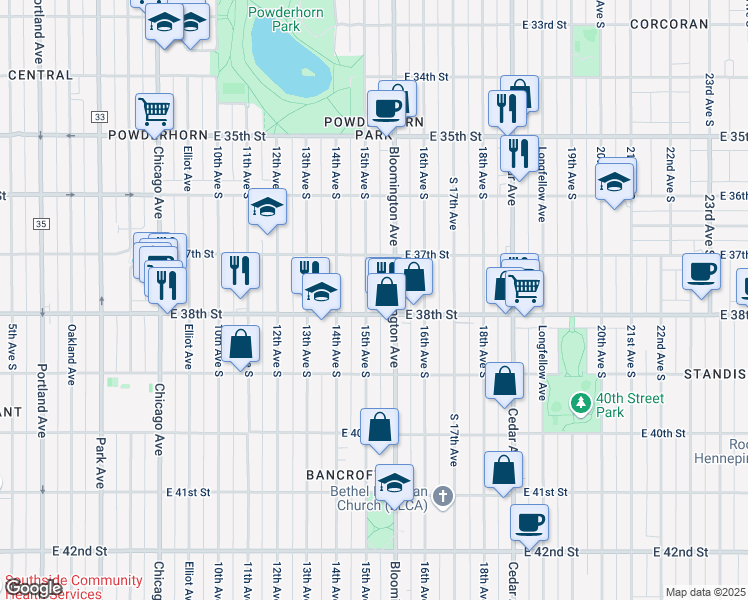 map of restaurants, bars, coffee shops, grocery stores, and more near 1505 East 38th Street in Minneapolis