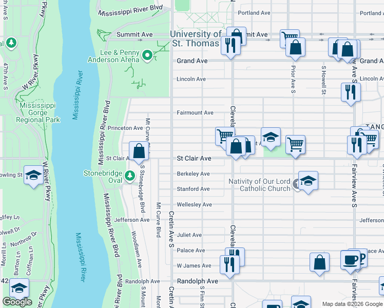 map of restaurants, bars, coffee shops, grocery stores, and more near 2128 Saint Clair Avenue in Saint Paul
