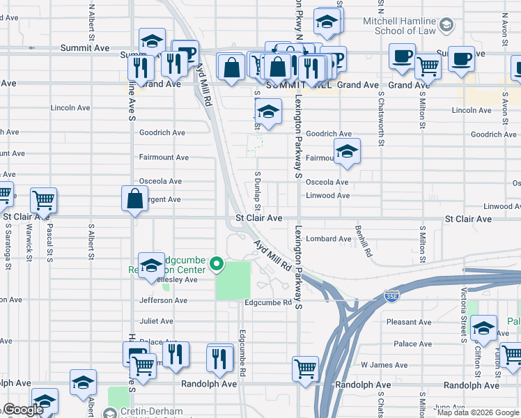 map of restaurants, bars, coffee shops, grocery stores, and more near 234 South Dunlap Street in Saint Paul