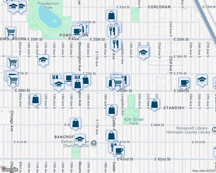 map of restaurants, bars, coffee shops, grocery stores, and more near 3800 18th Avenue South in Minneapolis