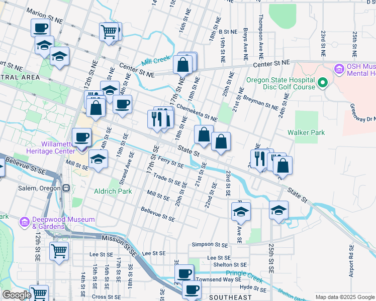 map of restaurants, bars, coffee shops, grocery stores, and more near 180 19th Street Southeast in Salem