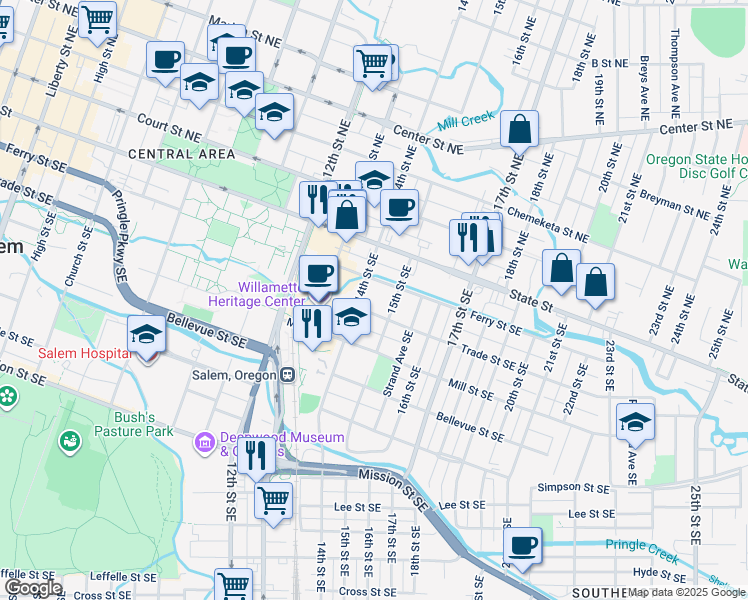 map of restaurants, bars, coffee shops, grocery stores, and more near 310 15th Street Southeast in Salem