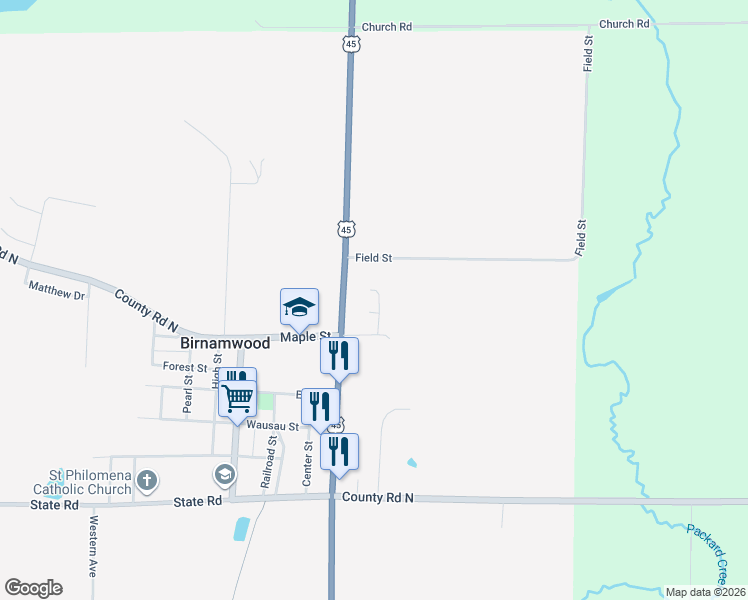 map of restaurants, bars, coffee shops, grocery stores, and more near 280 Maple Street in Birnamwood