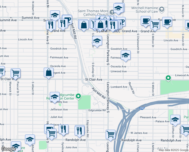 map of restaurants, bars, coffee shops, grocery stores, and more near 1142 Saint Clair Avenue in Saint Paul