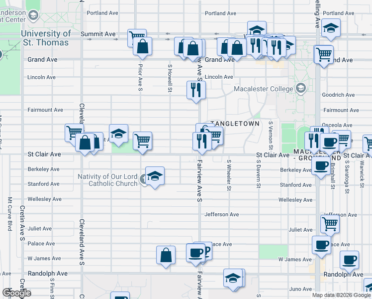 map of restaurants, bars, coffee shops, grocery stores, and more near 1854 Saint Clair Avenue in Saint Paul