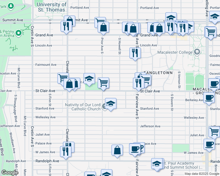 map of restaurants, bars, coffee shops, grocery stores, and more near in Saint Paul