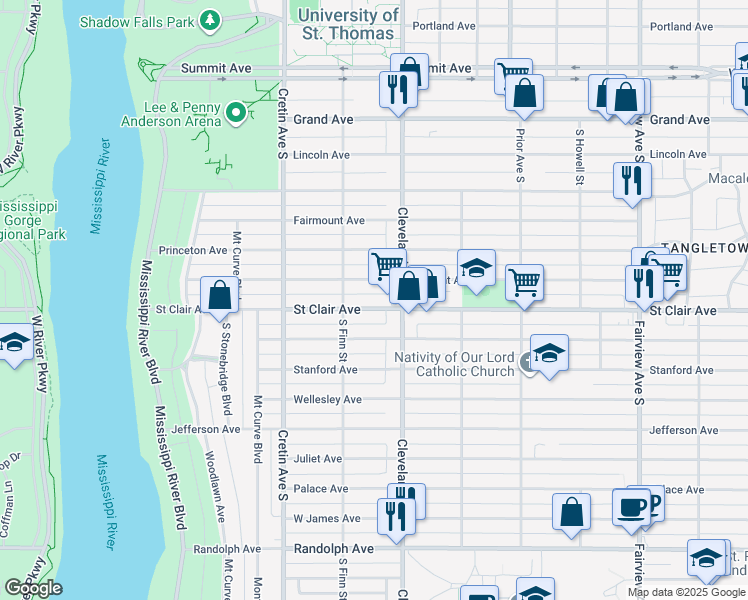 map of restaurants, bars, coffee shops, grocery stores, and more near 2096 Saint Clair Avenue in Saint Paul